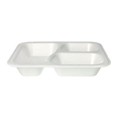 Starpak 100 miski uszczelniające to białe, laminowane miski spożywcze XPS z trzema przegrodami (925 ml, 4,2 x 21,2 x 25 cm), przedstawione ukośnie na białym tle. Sprzedawane w opakowaniu po 100 sztuk w folii.