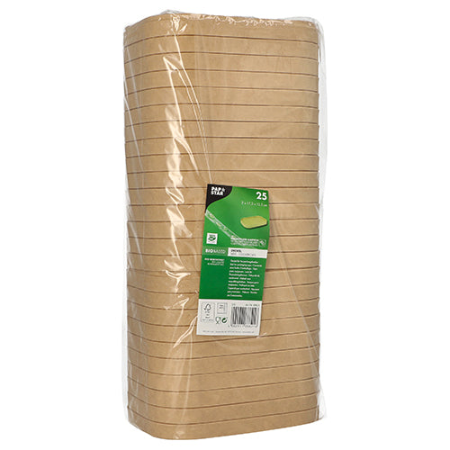 Stos brązowych pokrywek PAPSTAR do kubków opakowaniowych, prostokątnych (2x17,3x12,3 cm, 25 sztuk), zapakowany w przezroczystą folię, z zielono-białą etykietą PAPSTAR GmbH z informacjami o produkcie na przedniej stronie.