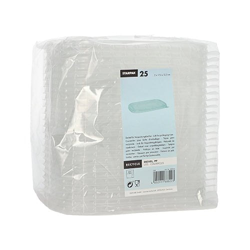 Opakowanie z 25 prostokątnymi, przezroczystymi pokrywkami Starpak PP do kubków opakowaniowych (1 x 17,3 x 12,3 cm) jest owinięte w plastik i ma z przodu niebiesko-białą etykietę z informacjami o produkcie i recyklingu.