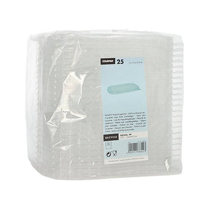 Opakowanie z 25 prostokątnymi, przezroczystymi pokrywkami Starpak PP do kubków opakowaniowych (1 x 17,3 x 12,3 cm) jest owinięte w plastik i ma z przodu niebiesko-białą etykietę z informacjami o produkcie i recyklingu.