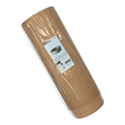 Zestaw 50 okrągłych brązowych misek sałatkowych Starpak z tektury z powłoką PE, zgrzewane plastikowo, ułożone w stos, z przodu z białą etykietą produktową i kodem kreskowym – wszechstronne w zastosowaniu.