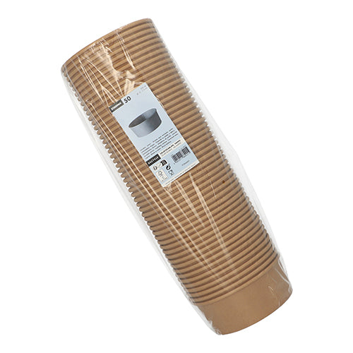 Opakowanie 50 misek sałatkowych Starpak, okrągłe, brązowe miski papierowe z powłoką PE, w przezroczystej folii plastikowej z białą etykietą informacyjną – idealne na ekologiczne opakowanie. Marka: Starpak.