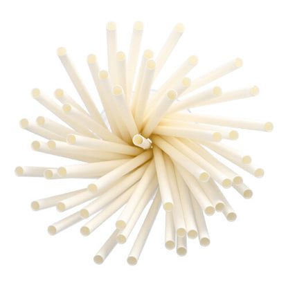 Klaster PAPSTAR papierowych słomek do shake'ów Ø 8 mm, 25 cm (135 sztuk) firmy PAPSTAR GmbH jest ułożony w okrągły, promienisty wzór i oglądany z góry na białym tle.