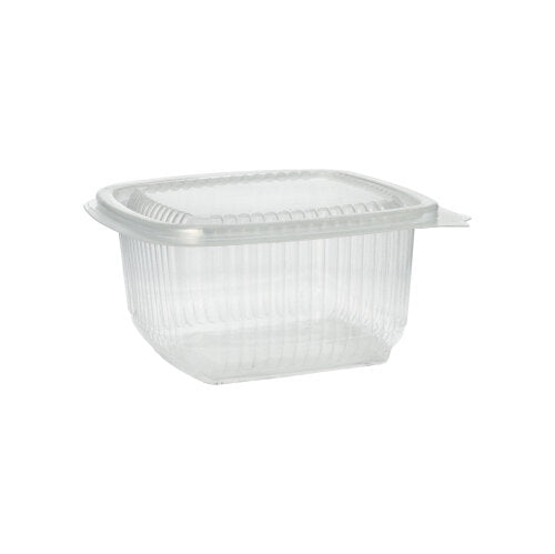 Der Starpak 100 Verpackungsbecher mit Klappdeckeln, ein transparenter, rechteckiger Polypropylen-Becher der Marke Starpak, ist vor weißem Hintergrund abgebildet.