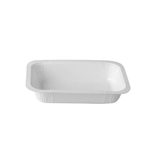 Biała prostokątna miska uszczelniająca Starpak 260 (530 ml, 3,7 x 13,7 x 18,1 cm) z kartonu z podniesionymi krawędziami, idealna do pakowania żywności, jest przedstawiona na białym tle. Opakowanie zawiera 260 sztuk.