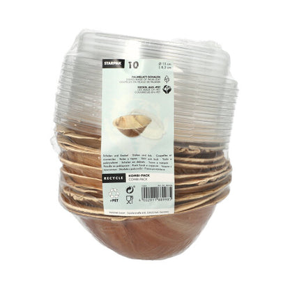 Starpak 10 Schalen, liść palmowy z pokrywką z rPET „Kombipack”: Zestaw jednorazowych misek przyjaznych dla środowiska z pokrywką z recyklingu PET. Przednie etykiety pokazują symbole recyklingu i informacje o produkcie.