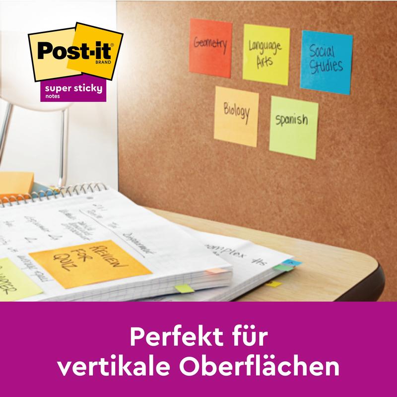 Tablica korkowa z żółtymi karteczkami Post-it® (76x76 mm, 90 arkuszy/blok, 6 bloków, 100% PEFC, od 3M Deutschland GmbH) przedstawia różne przedmioty. Tekst: "Idealne na powierzchnie pionowe." Karteczki certyfikowane przez PEFC.