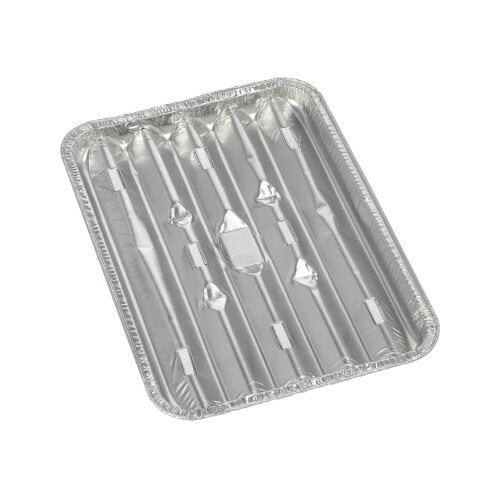 Das Foto zeigt eine rechteckige Einweg-Aluminiumschale (1,4 x 16,3 x 22,7 cm) von Starpak 10 Grillschalen mit erhabenen Rippen und gewelltem Rand aus strapazierfähiger Folie auf weißem Untergrund. Die Packung enthält 10 Stück.