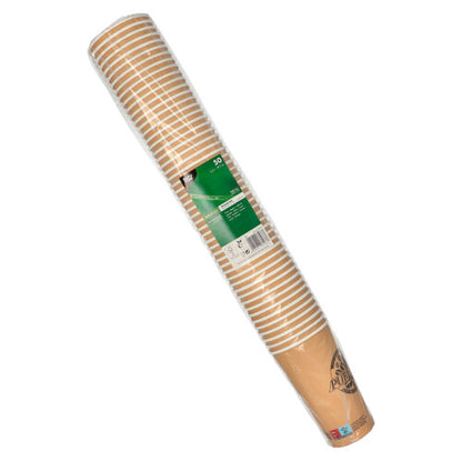 Stos 50 PAPSTAR kubków papierowych 0,5 l firmy PAPSTAR GmbH, zapakowanych w przezroczystą folię z zielono-białą etykietą z informacjami o produkcie.