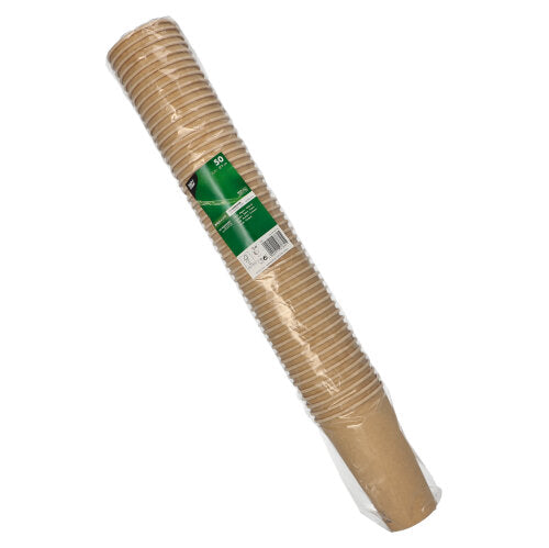 Zapieczętowane opakowanie z tworzywa sztucznego z 50 brązowymi kubkami papierowymi (po 0,5 l) firmy PAPSTAR GmbH, z zielono-białą etykietą i szczegółami produktu.