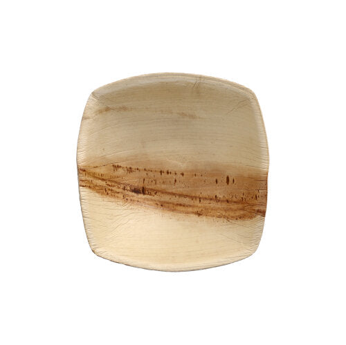 Kwadratowy, jasnobrązowy talerz PAPSTAR 25 misek liści palmowych „pure“ „QUADRATO“ natur firmy PAPSTAR GmbH, z naturalnymi wzorami i ciemniejszym poziomym paskiem, biodegradowalny i ekologiczny, na białym tle.