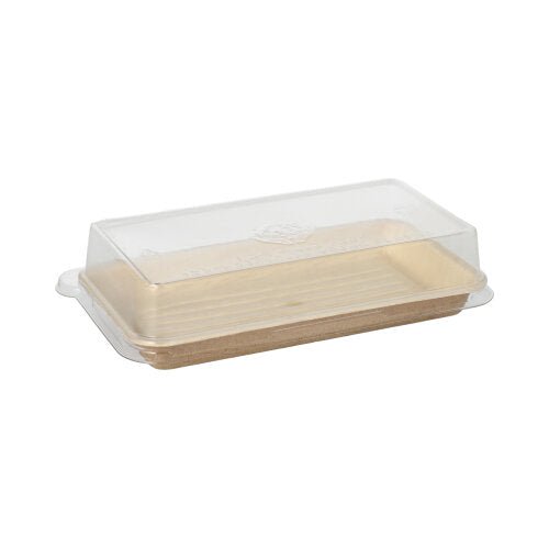 Starpak 10 Sushi-Schalen Palmblatt prostokątne z pokrywką rPET „Kombipack“ posiada prostokątną beżową podstawę z liści palmowych i przezroczystą pokrywkę rPET, przedstawioną na białym tle.