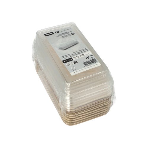 Starpak 10 Sushi-Schalen Palmblatt prostokątne z pokrywką rPET „Kombipack“ oferuje prostokątne miski z pokrywką, idealne do wygodnego serwowania i przechowywania sushi lub do łączenia z odpowiednią pokrywką rPET.