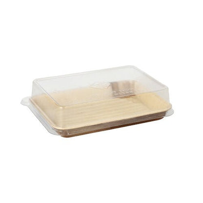 Starpak 10 Sushi-Schalen Palmblatt prostokątne z pokrywką rPET „Kombipack“ posiada prostokątną miskę z liści palmowych z przezroczystą pokrywką rPET, przedstawioną na prostym białym tle.