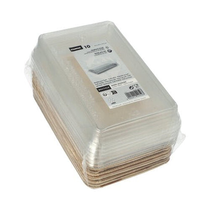 Starpak 10 Sushi-Schalen Palmblatt prostokątne z pokrywką rPET „Kombipack“: Dziesięć prostokątnych pojemników z liści palmowych z brązowymi podstawami i pokrywkami rPET, oznakowane informacjami o produkcie i recyklingu – idealne na świeże dania sushi.