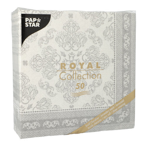 Eine Packung mit 50 grauen PAPSTAR "ROYAL Collection" 40x40 cm Servietten (1/4 Falz) von PAPSTAR GmbH.