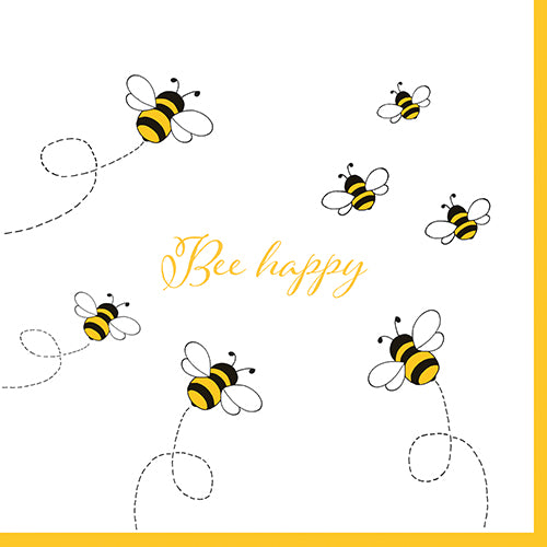Illustration von sechs Comic-Bienen mit gepunkteten Flugbahnen und „Bee happy“ in gelber Schrift auf weißem Grund, gelb umrandet – ideal für PAPSTAR 30 Servietten, 3-lagig 1/4-Falz (33x33 cm) der PAPSTAR GmbH.