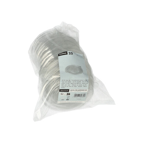 Przezroczyste opakowanie z tworzywa sztucznego R-PET od Starpak zawiera 25 okrągłych pokrywek do kubków na zupę z etykietą na przedzie, na której podano ilość i szczegóły – przyjazny dla środowiska wybór do codziennego użytku.