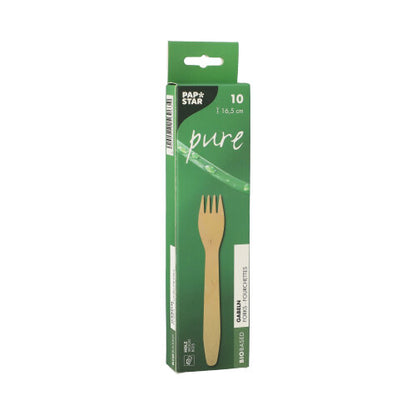 Eine grüne „PAPSTAR“-Box mit der Aufschrift „pure“ enthält 10 umweltfreundliche Holzgabeln (16,5 cm) aus nachhaltigem Holz, mit dem Produktnamen „PAPSTAR 10 Gabeln, Holz pure“ und einer Gabelabbildung auf der Verpackung.