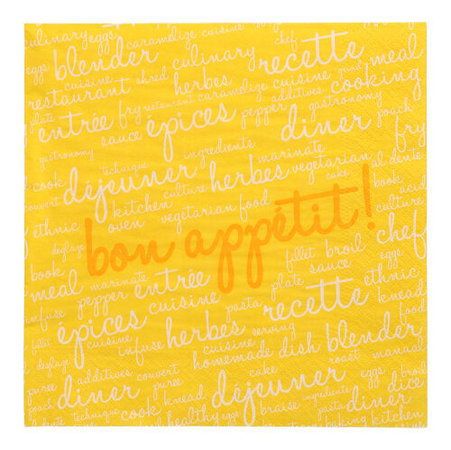 Die 20 PAPSTAR Servietten (40 x 40 cm, 3-lagig, 1/4-Falz) der PAPSTAR GmbH verfügen über ein gelbes Design mit französischen und englischen kulinarischen Worten in Weiß und „bon appétit“ in Orange – ideal, um Ihrem Tisch Charme zu verleihen.