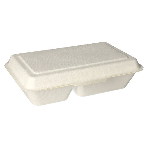 Menu boxy z trzciny cukrowej "pure" to zamknięte, beżowe, prostokątne pudełko na wynos (2 przegródki, 6,5x24x15,5 cm) z biodegradowalnego materiału PAPSTAR GmbH, przedstawione na prostym białym tle.