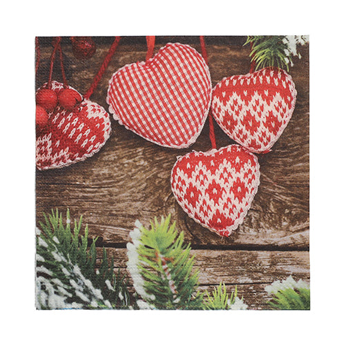 Drei rot-weiße Herz-Ornamente auf rustikalem Holz mit Tanne und Beeren sorgen für festliche Inspiration für Ihre PAPSTAR 20 Servietten, 33x33 cm, 3-lagig, Design Set 3 von PAPSTAR GmbH.