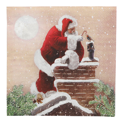 Der Weihnachtsmann in Rot steht mit einer Zuckerstange auf einem verschneiten Dach neben einem Vogel und einem Schornstein, eingerahmt von Tannenzweigen. Ideales Weihnachtsmotiv für PAPSTAR 20 Servietten, 40 cm x 40 cm, 3-lagig, 1/4-Falz von der PAPSTAR GmbH.