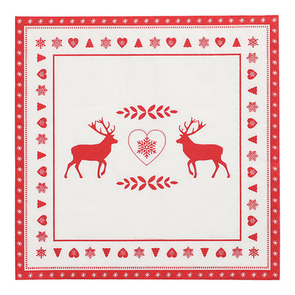 PAPSTAR 20 Servietten, 40 cm x 40 cm, 3-lagig von PAPSTAR GmbH mit rotem und weißem Design: zwei Rentiere, Herz mit Schneeflocke und festlichem Bordürenmuster aus Herzen, Schneeflocken und Bäumen.