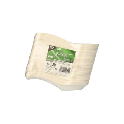 Opakowanie 50 PAPSTAR łyżek cukrowych "pure" (14,5 cm, w stylu azjatyckim) od PAPSTAR GmbH, ułożone w stos i zapakowane w folię termokurczliwą z zielono-białą etykietą ekologiczną, która wskazuje, że są biodegradowalne.