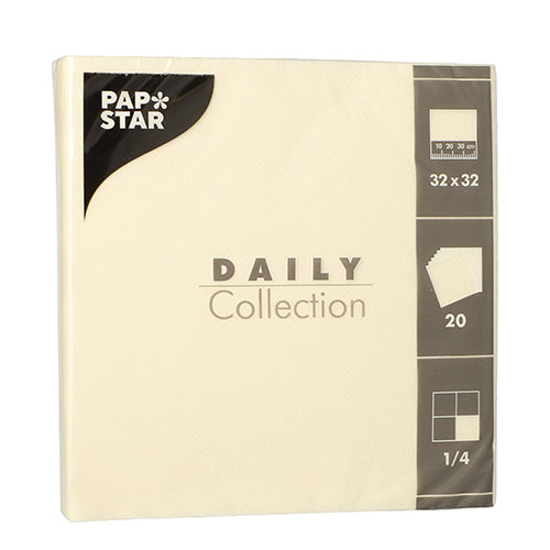 PAPSTAR 20 Servietten "DAILY Collection", creme, 32x32 cm, 1/4-Falz von der PAPSTAR GmbH – ideal für die Tischdekoration; Packung enthält 20 Servietten, Viertelfalz und Branding.