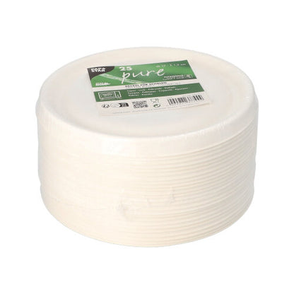 Stos 25 białych PAPSTAR pokrywek "pure" do misek z trzciny cukrowej (Ø 17 cm), zapakowanych w przezroczystą folię z brandingiem - idealny dla wygodnej i przyjaznej środowisku gastronomii firmy PAPSTAR GmbH.