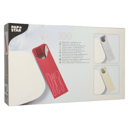 Pudełko z 100 kieszeniami na sztućce PAPSTAR (23,5 x 7,3 cm) z kolorowymi serwetkami bistro, każda z kieszeniami na sztućce – idealne dla branży gastronomicznej; od firmy PAPSTAR GmbH.