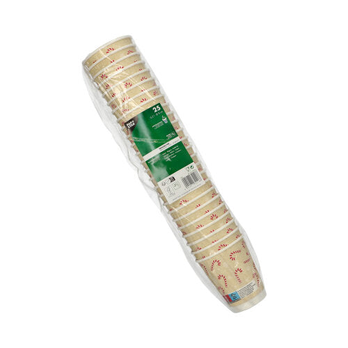 25 kubków "Candy Canes" (0,2 l, Ø 8 cm), kremowe, z podwójnymi ściankami z motywem czerwonych lasek cukrowych firmy PAPSTAR w opakowaniu z tworzywa sztucznego; informacje o produkcie są widoczne na zielonej etykiecie.