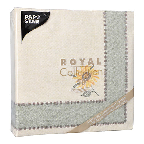 Die PAPSTAR 50 Servietten "ROYAL Collection" 1/4-Falz 40 x 40 cm zeigt ein Sonnenblumenmotiv auf cremefarbenem Hintergrund mit grauem Rand, wie auf dem Etikett abgebildet. Marke: PAPSTAR GmbH.