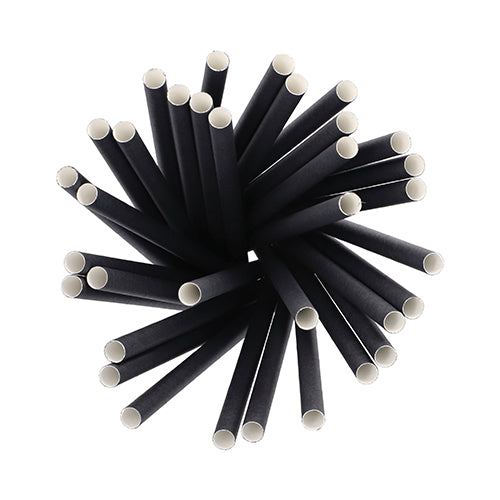 Widok z góry na okrągło ułożone PAPSTAR 100 papierowych słomek Shake Ø 10 mm · 21 cm firmy PAPSTAR GmbH – biodegradowalne czarne papierowe słomki z białym wnętrzem, idealne dla ekologicznych gospodarzy i zrównoważonego delektowania się shake'ami.