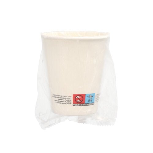Zestaw 25 białych kubków Starpak z papieru (0,2 l, Ø 8 cm, 9,2 cm), każdy pojedynczo zapakowany w przezroczysty plastik z widocznymi ostrzeżeniami – przyjazna dla środowiska alternatywa dla jednorazowych kubków.