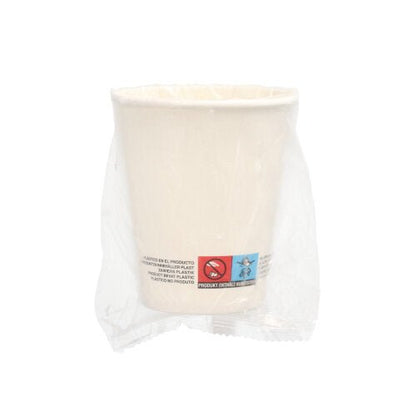 Zestaw 25 białych kubków Starpak z papieru (0,2 l, Ø 8 cm, 9,2 cm), każdy pojedynczo zapakowany w przezroczysty plastik z widocznymi ostrzeżeniami – przyjazna dla środowiska alternatywa dla jednorazowych kubków.