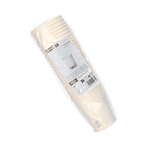 Starpak 25 kubków z papieru, 0,2l, Ø8cm, 9,2cm wysokości, biały i pojedynczo owinięty folią z etykietą (informacje o produkcie i kod kreskowy); Idealny jako praktyczny kubek na wydarzenia.