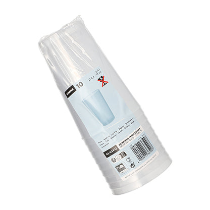 Der Starpak 10 Mehrweg-Trinkbecher PP transluzent unzerbrechlich von Starpak wird in einer Kunststoffverpackung mit Produktetiketten, Recyclingsymbolen und einem Barcode auf der Außenseite geliefert.