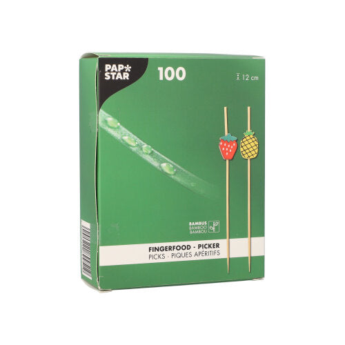 Zielone pudełko z napisem "PAPSTAR 100 Fingerfood - Picker" PAPSTAR GmbH zawiera 100 wykałaczek o długości 12 cm każda. Na pudełku znajdują się dwa owoce i informacja o produkcie w kilku językach.