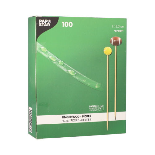 Zielone pudełko PAPSTAR GmbH z 100 wykałaczkami do fingerfood, każda o długości 12,5 cm, z bambusowym wzorem oraz piłkami i stopami.