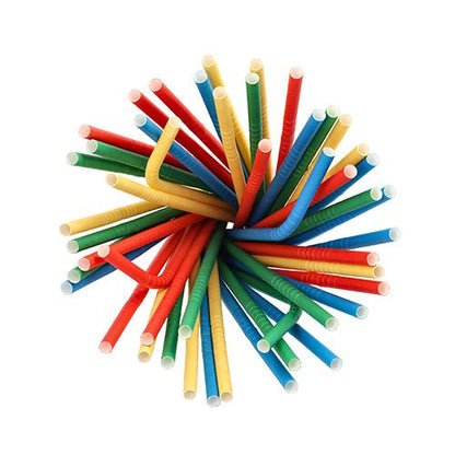 Pęczek PAPSTAR papierowych słomek (Ø 6 mm, 20 cm, kolorowe, elastyczne) firmy PAPSTAR GmbH - 100 elastycznych papierowych słomek w różnych kolorach - ułożone w kształt koła, częściowo zgięte, częściowo proste na białym tle.