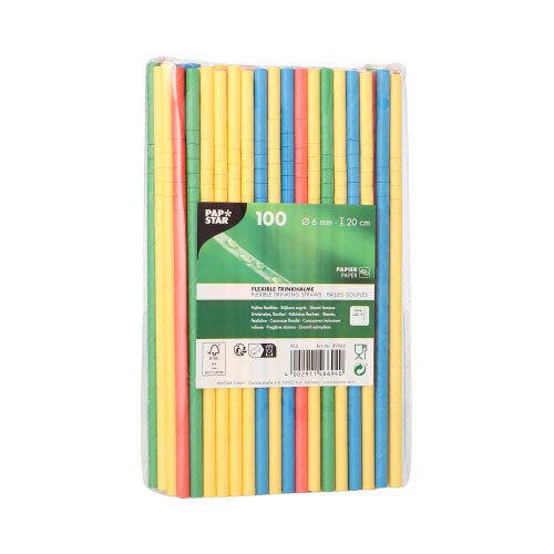 Przezroczyste opakowanie firmy PAPSTAR GmbH zawiera 100 elastycznych, kolorowych papierowych słomek (6 mm x 20 cm). Etykieta z przodu pokazuje szczegóły produktu, branding PAPSTAR oraz piktogramy.