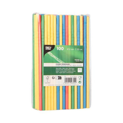 Przezroczyste opakowanie firmy PAPSTAR GmbH zawiera 100 elastycznych, kolorowych papierowych słomek (6 mm x 20 cm). Etykieta z przodu pokazuje szczegóły produktu, branding PAPSTAR oraz piktogramy.