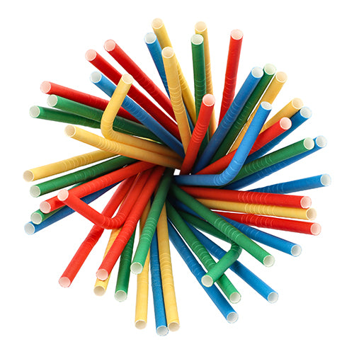 Eine Gruppe bunter, flexibler PAPSTAR 100 Shake-Halme Papier-Trinkhalme (Ø 8 mm, 25 cm), kreisförmig angeordnet, von oben auf weißem Hintergrund betrachtet. Farblich sortiert von der PAPSTAR GmbH.