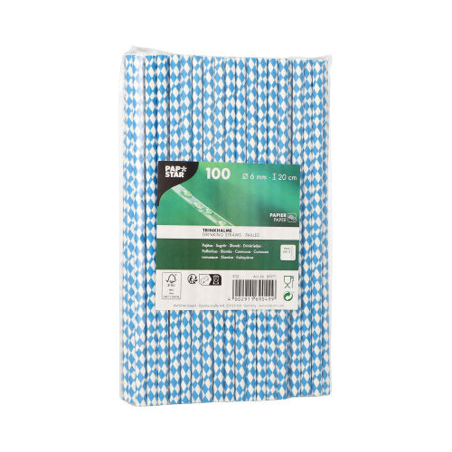 PAPSTAR 100 słomek z papieru (Ø 6 mm) firmy PAPSTAR GmbH, w plastikowym opakowaniu z widoczną etykietą - ekologiczne, zrównoważone niebieskie i białe słomki.
