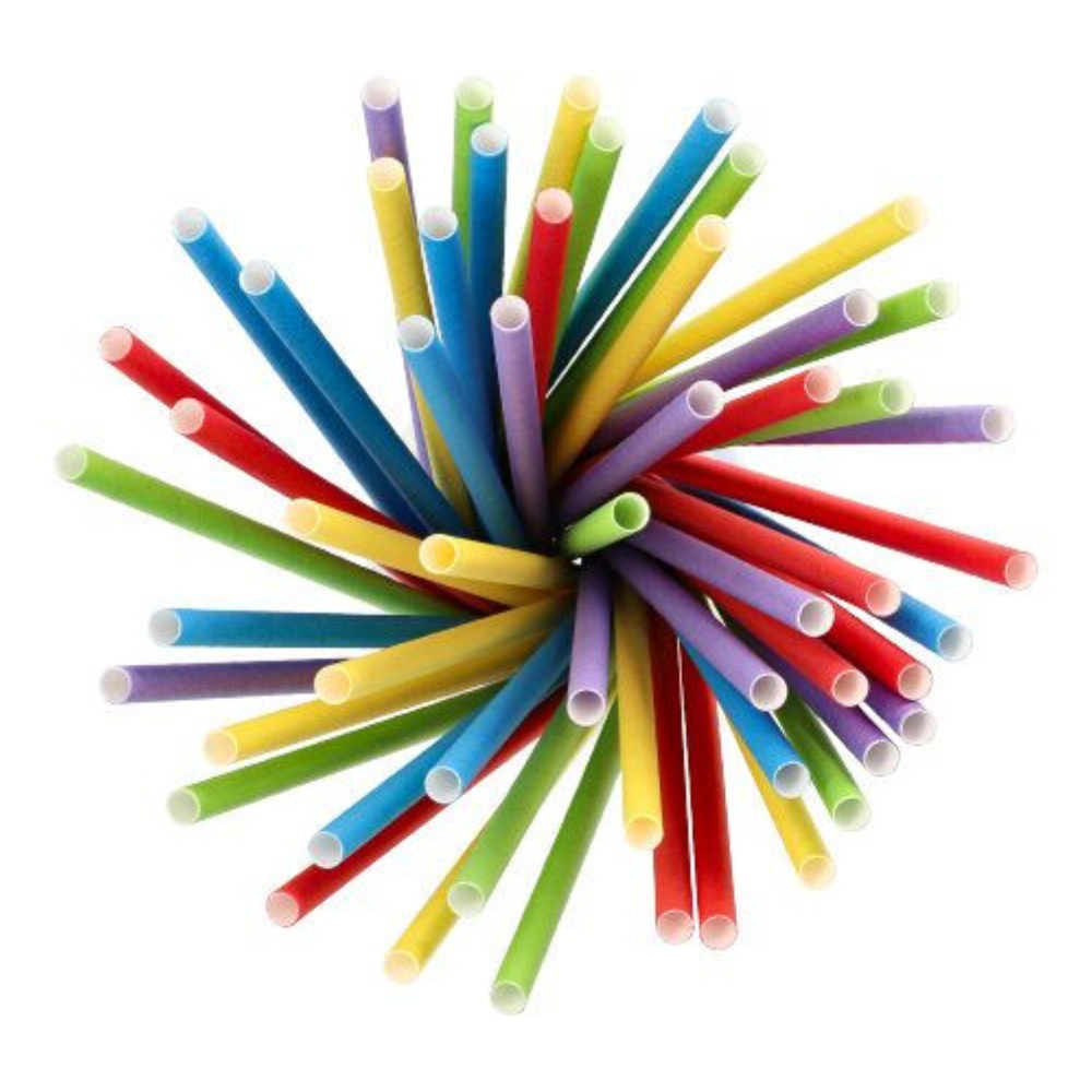 Widok z góry na ekologiczne słomki papierowe do shake'ów firmy PAPSTAR GmbH, ułożone w radialny wzór. Z kolorami takimi jak czerwony, niebieski, żółty, zielony i fioletowy z białym wnętrzem, te słomki tworzą żywy, okrągły wyświetlacz, który z pewnością zainspiruje do zrównoważonych wyborów.