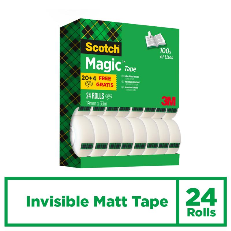 Zielono-czarne pudełko promocyjne Scotch® Magic™ Invisible Tape od 3M Deutschland GmbH, zawierające 24 rolki (19 mm x 33 m), z napisem "Invisible Matt Tape". Na pudełku widnieje "100s of Uses" i "20+4 Free Gratis" oraz logo 3M.