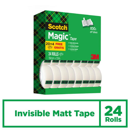 Zielono-czarne pudełko promocyjne Scotch® Magic™ Invisible Tape od 3M Deutschland GmbH, zawierające 24 rolki (19 mm x 33 m), z napisem "Invisible Matt Tape". Na pudełku widnieje "100s of Uses" i "20+4 Free Gratis" oraz logo 3M.