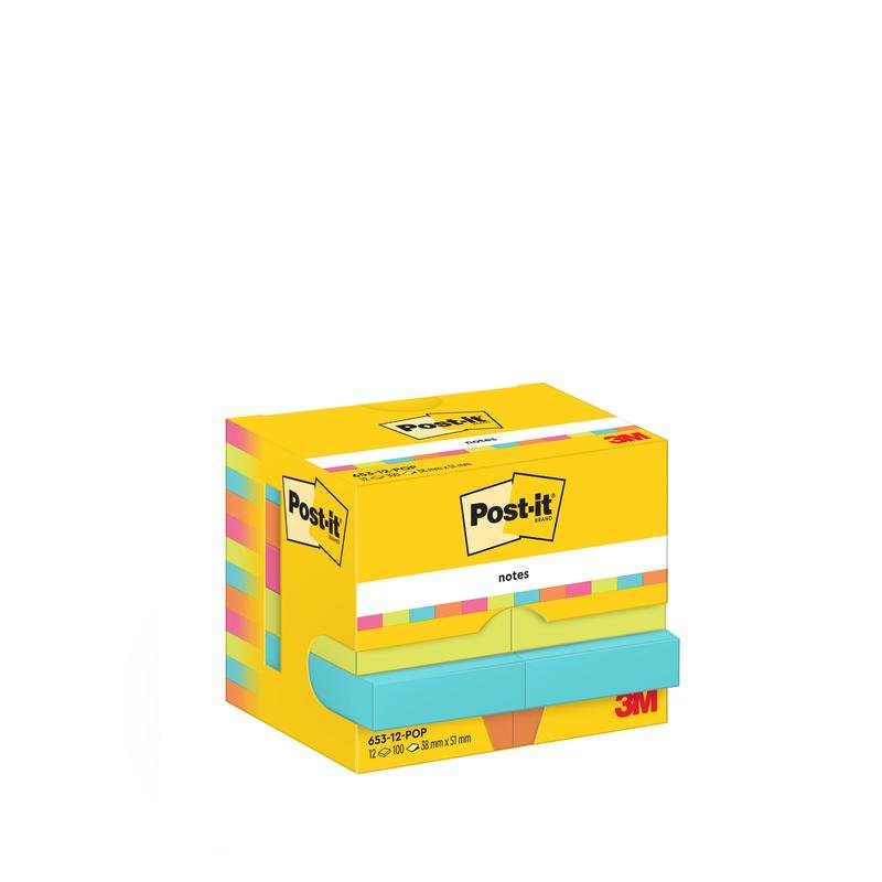 Żółte pudełko z karteczkami samoprzylepnymi Post-it® z kolekcji Poptimistic firmy 3M Deutschland GmbH zawiera 12 bloków po 100 kartek (38 mm x 51 mm), ma kolorowe krawędzie i jest certyfikowane przez PEFC w opakowaniu kartonowym (SGSCH-PEFC-COC-110078).